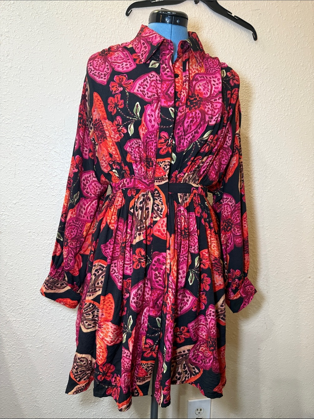 Dress Forum Black Long Sleeve Dress with Pink & Orange Floral Print